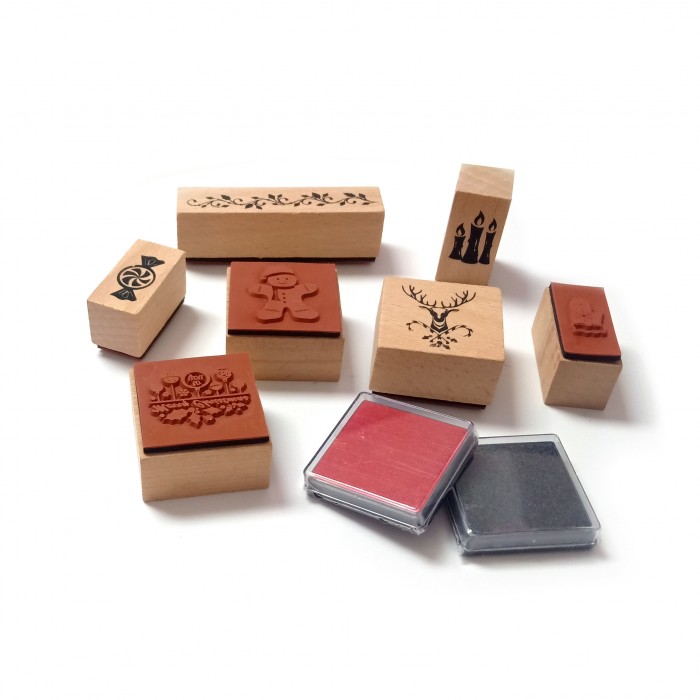 Kids Mini Cute Wooden Rubber Stamp Set with Ink Pad, Christmas & Diary DIY Stamps